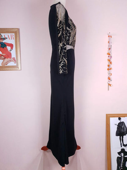 Glitter Spectacular 1980s Vintage Black Evening Gown Maxi Dress - Size 10