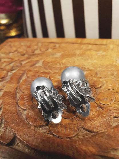 Vintage Grey Pearl Earrings Rhinestone Flower Clip Ons 1980s