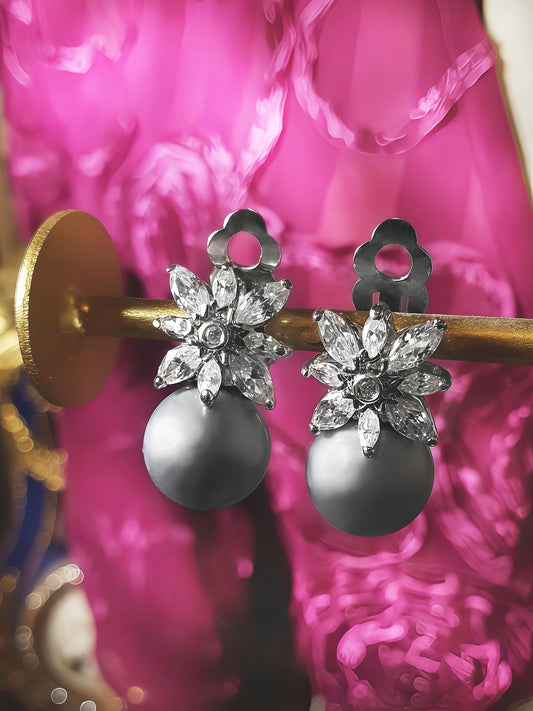 Vintage Grey Pearl Earrings Rhinestone Flower Clip Ons 1980s
