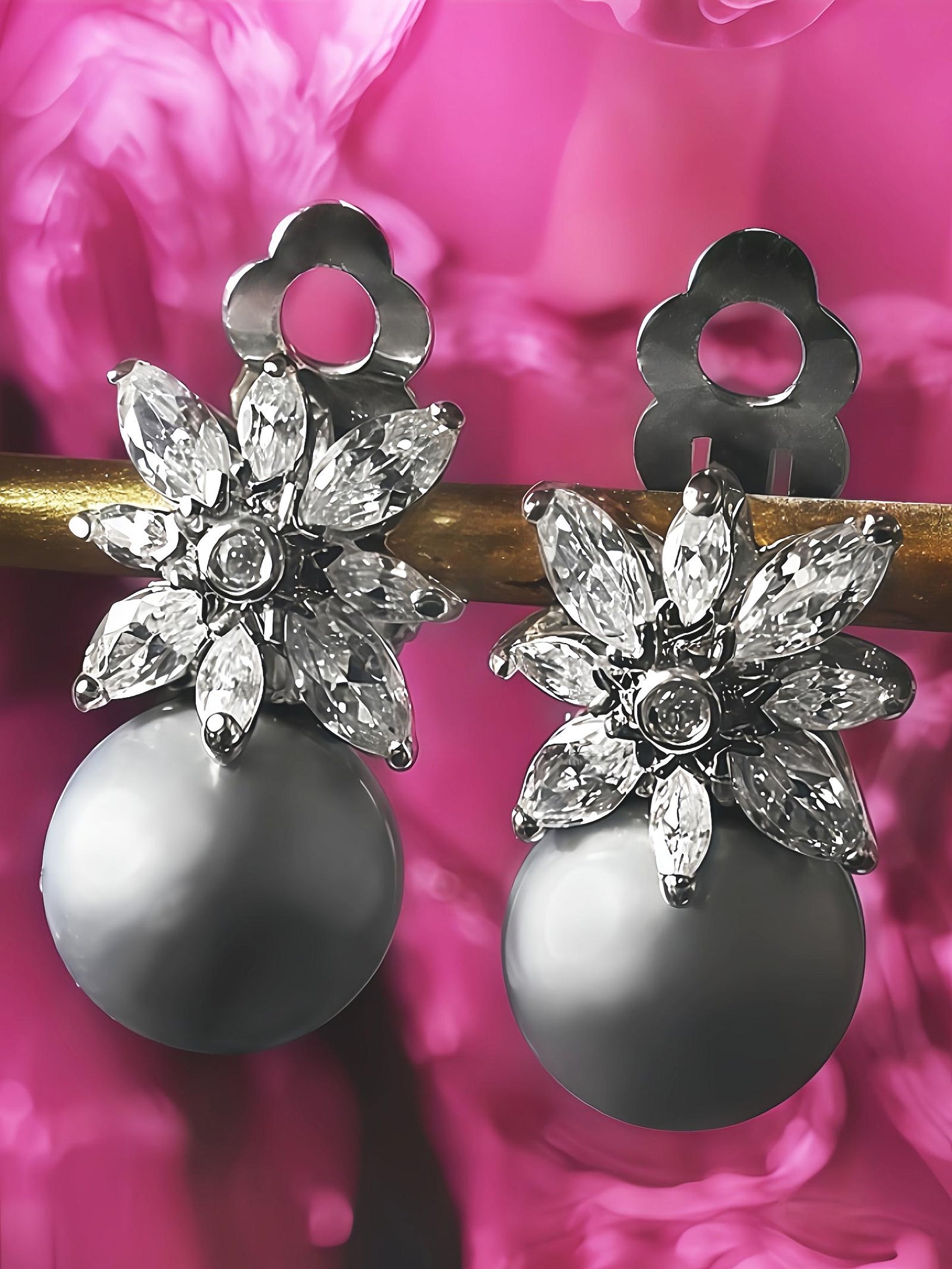 Vintage Grey Pearl Earrings Rhinestone Flower Clip Ons 1980s