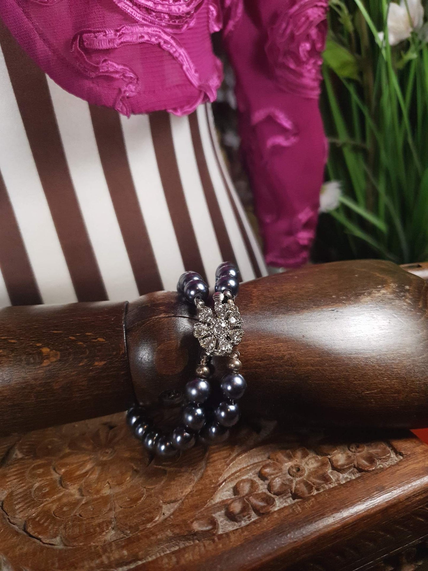 Vintage 1980s Grey Pearl Bracelet Double Strand Glass Pearls