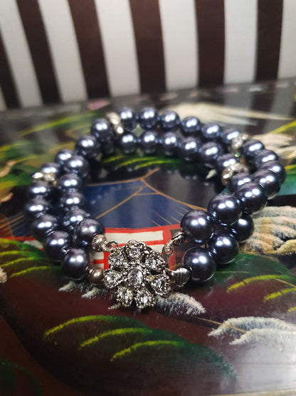 Vintage 1980s Grey Pearl Bracelet Double Strand Glass Pearls