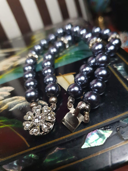 Vintage 1980s Grey Pearl Bracelet Double Strand Glass Pearls