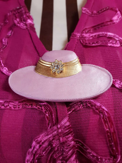 Vintage 1980s Pink Gold Hat Brooch Diamante