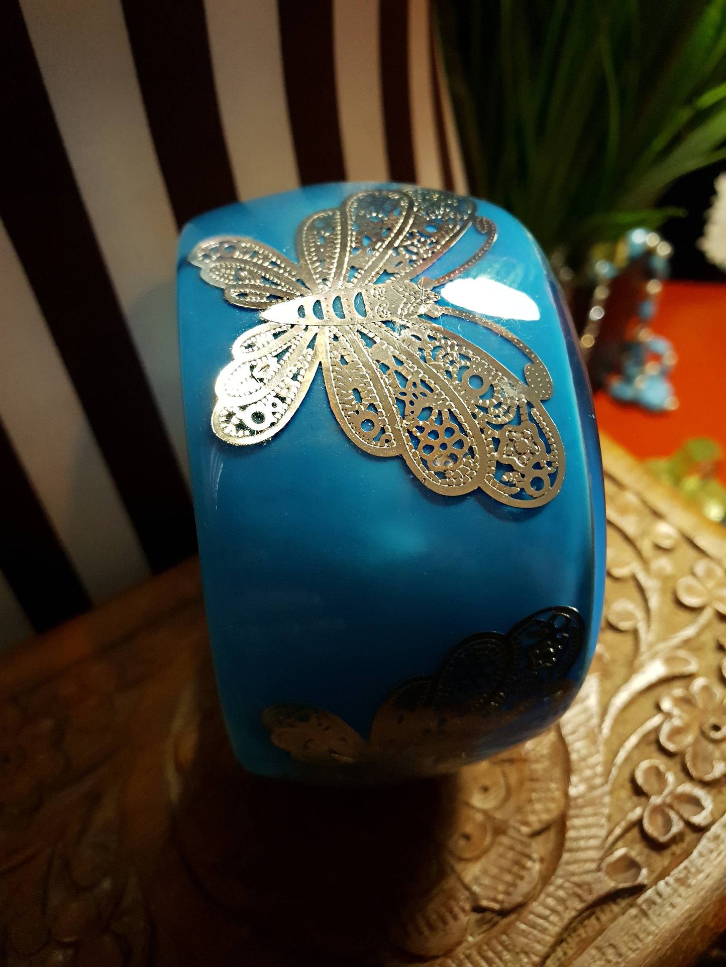Vintage 1980s Blue Butterfly Bangle Bracelet Lucite
