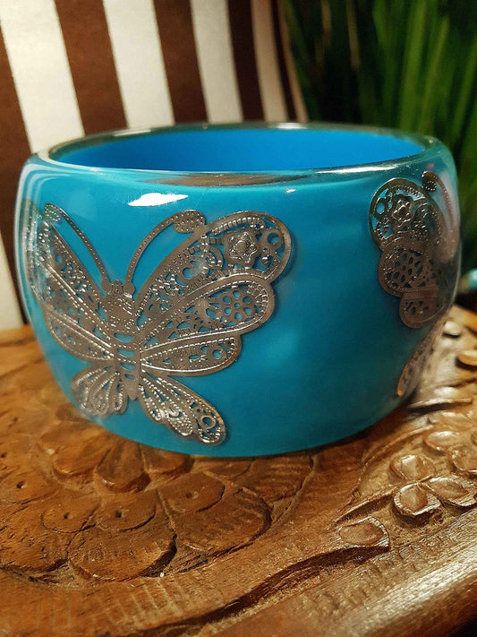 Vintage 1980s Blue Butterfly Bangle Bracelet Lucite