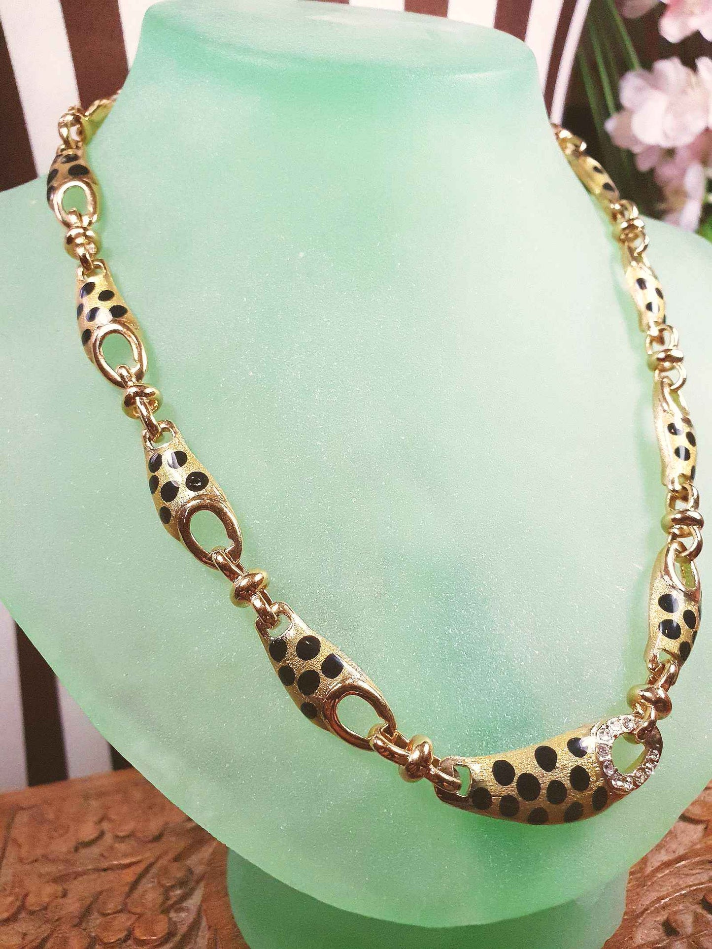 Vintage Leopard Print Rhinestone Necklace Choker 17" Gold Tone Retro