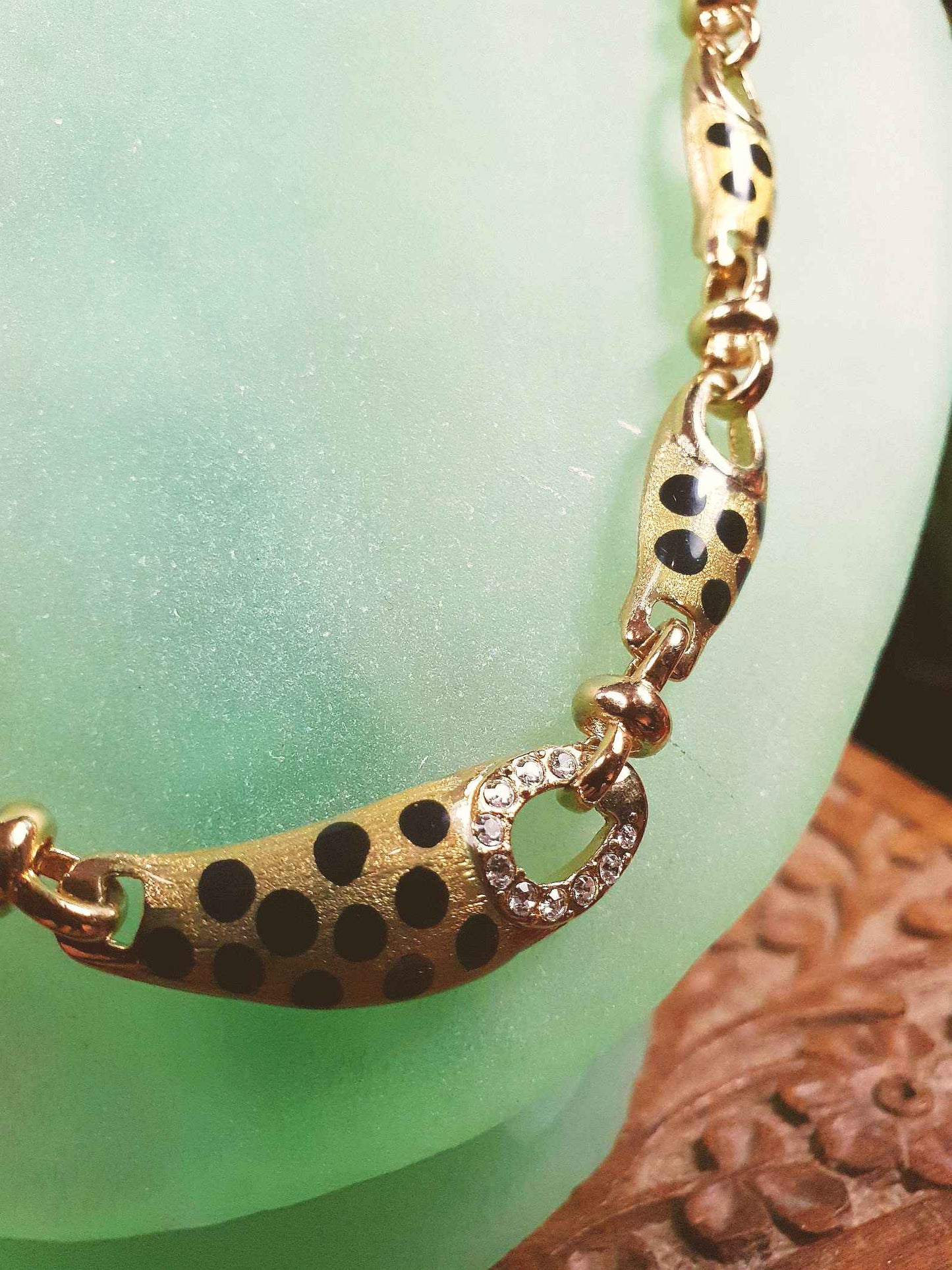 Vintage Leopard Print Rhinestone Necklace Choker 17" Gold Tone Retro