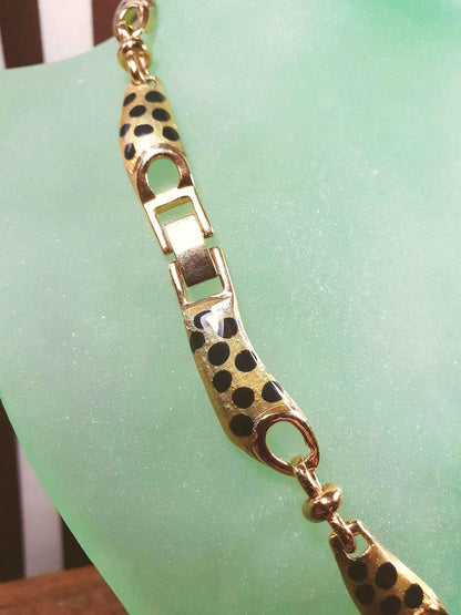 Vintage Leopard Print Rhinestone Necklace Choker 17" Gold Tone Retro
