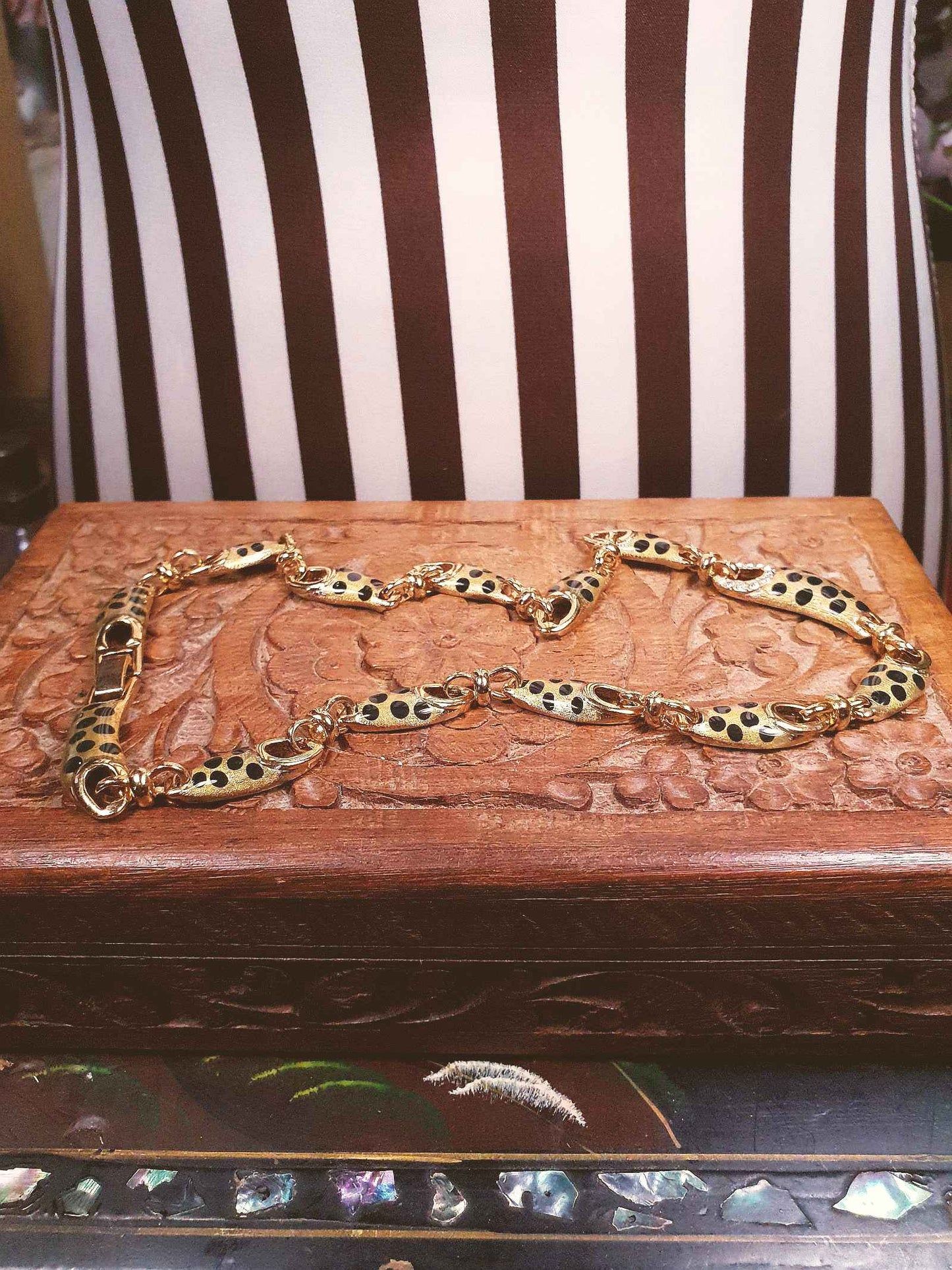 Vintage Leopard Print Rhinestone Necklace Choker 17" Gold Tone Retro