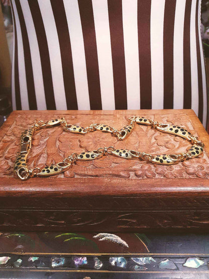 Vintage Leopard Print Rhinestone Necklace Choker 17" Gold Tone Retro
