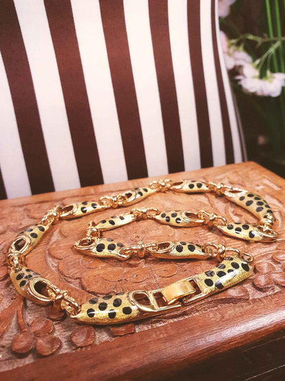 Vintage Leopard Print Rhinestone Necklace Choker 17" Gold Tone Retro