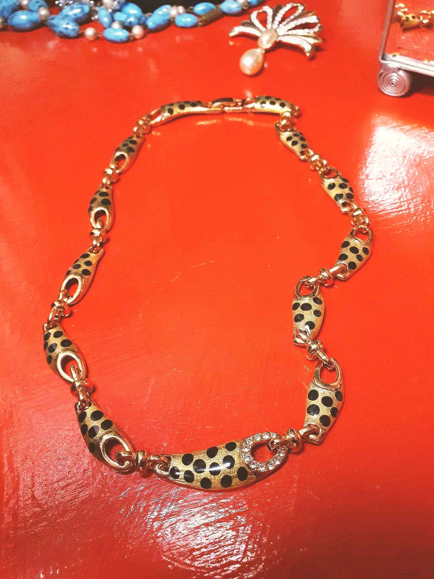 Vintage Leopard Print Rhinestone Necklace Choker 17" Gold Tone Retro