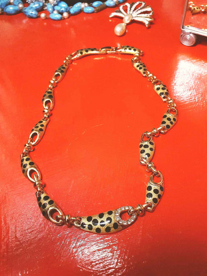 Vintage Leopard Print Rhinestone Necklace Choker 17" Gold Tone Retro