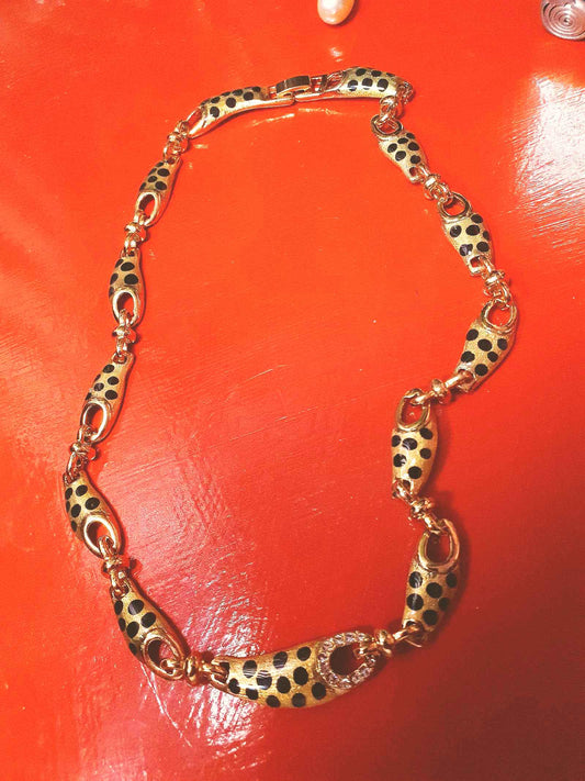 Vintage Leopard Print Rhinestone Necklace Choker 17" Gold Tone Retro