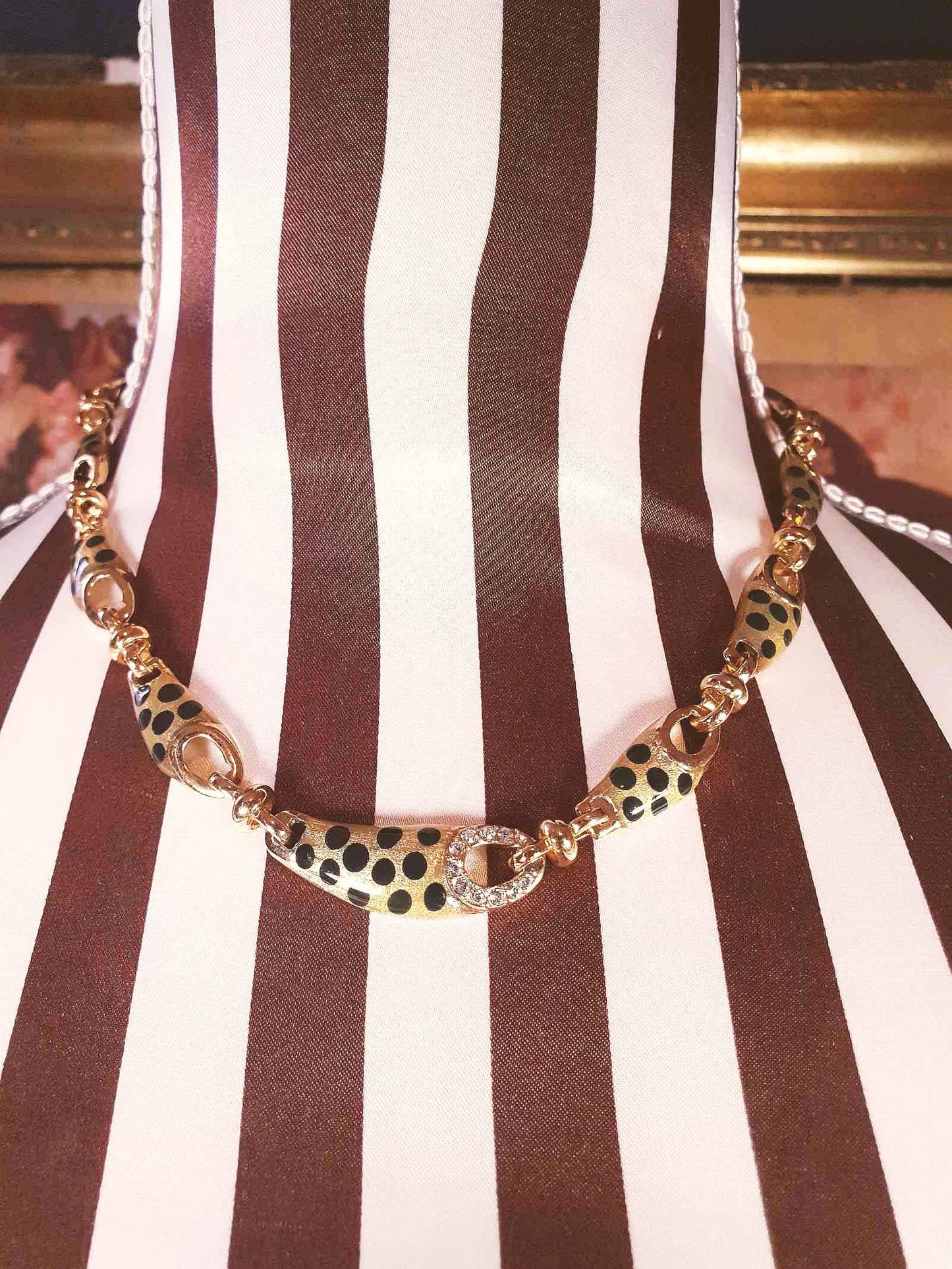 Vintage Leopard Print Rhinestone Necklace Choker 17" Gold Tone Retro