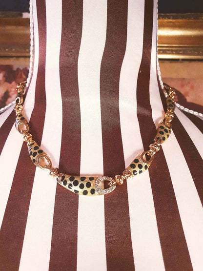 Vintage Leopard Print Rhinestone Necklace Choker 17" Gold Tone Retro