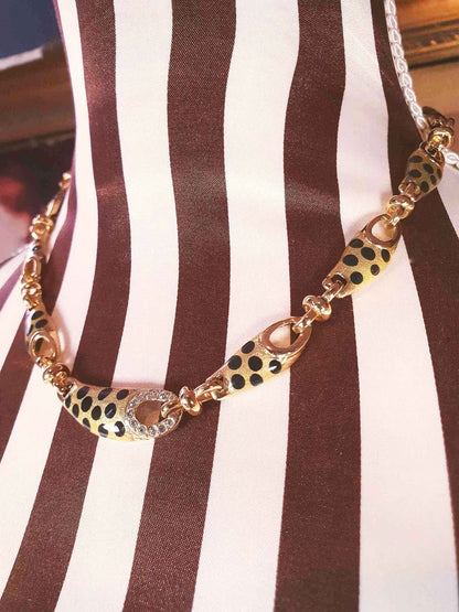 Vintage Leopard Print Rhinestone Necklace Choker 17" Gold Tone Retro