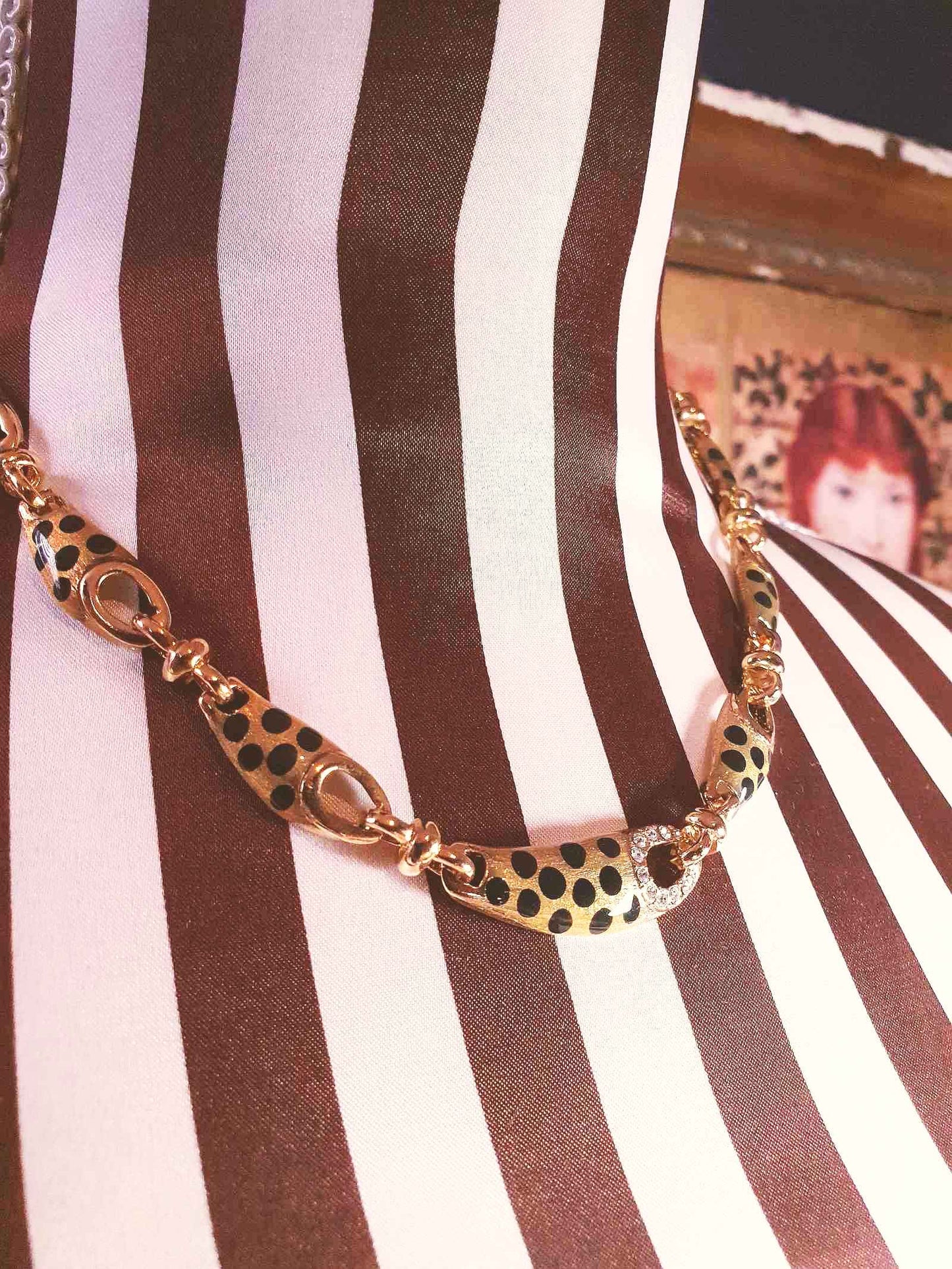 Vintage Leopard Print Rhinestone Necklace Choker 17" Gold Tone Retro