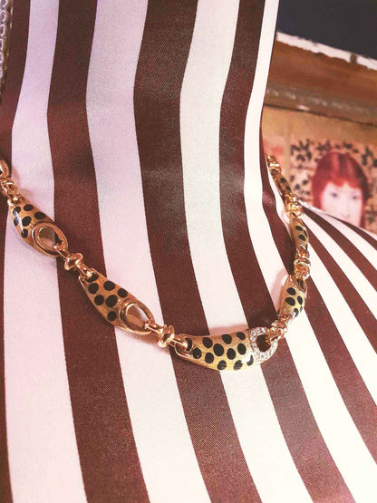 Vintage Leopard Print Rhinestone Necklace Choker 17" Gold Tone Retro