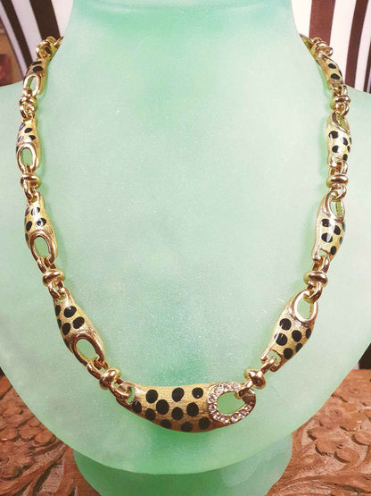 Vintage Leopard Print Rhinestone Necklace Choker 17" Gold Tone Retro