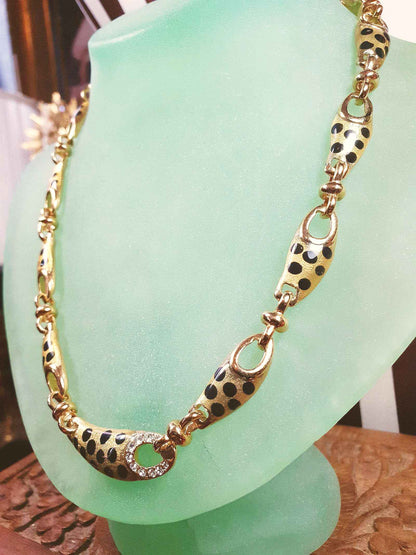 Vintage Leopard Print Rhinestone Necklace Choker 17" Gold Tone Retro