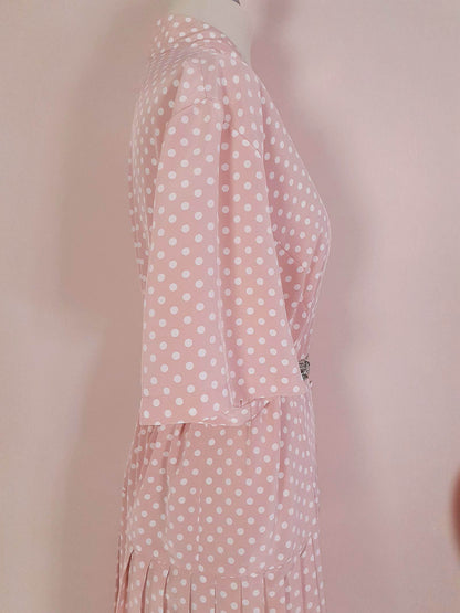 Vintage 1980s Pink Pleated Dress Midi Polka Dot Retro