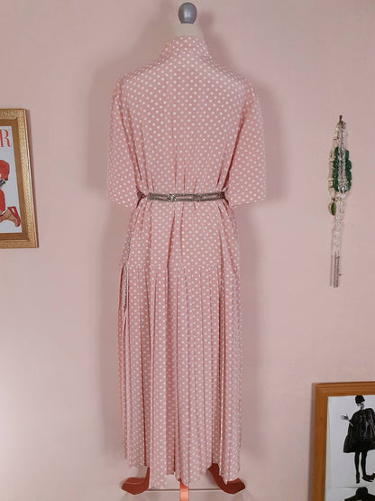 Vintage 1980s Pink Pleated Dress Midi Polka Dot Drop Waist Oversize Retro
