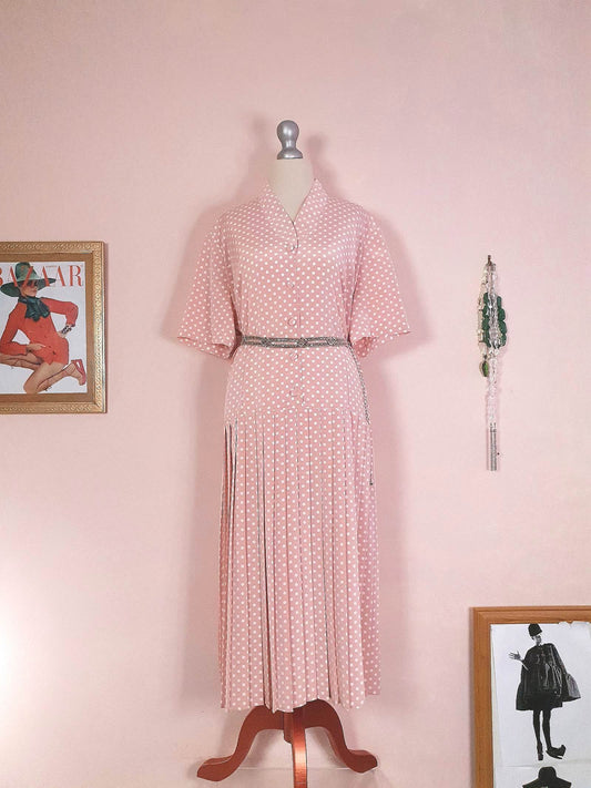 Vintage 1980s Pink Pleated Dress Midi Polka Dot Retro