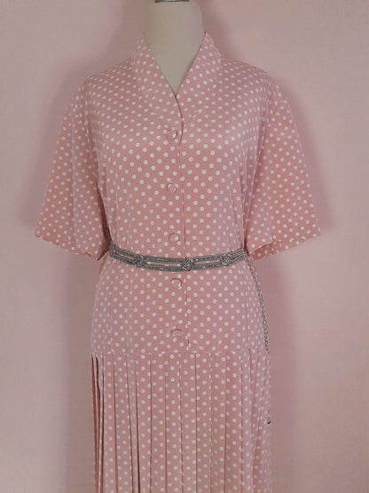 Vintage 1980s Pink Pleated Dress Midi Polka Dot Retro