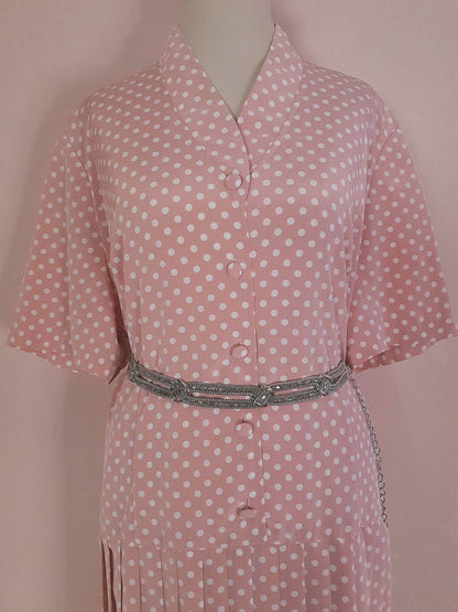 Vintage 1980s Pink Pleated Dress Midi Polka Dot Retro