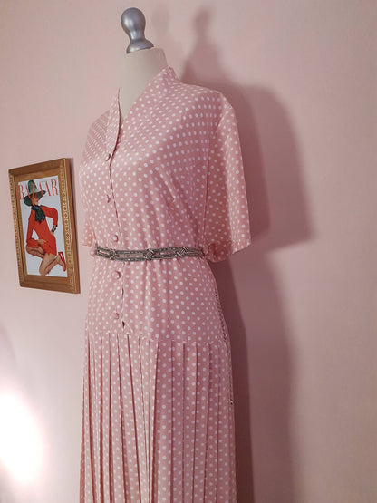 Vintage 1980s Pink Pleated Dress Midi Polka Dot Drop Waist Oversize Retro
