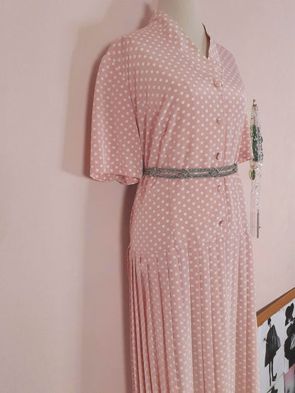 Vintage 1980s Pink Pleated Dress Midi Polka Dot Retro