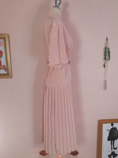 Vintage 1980s Pink Pleated Dress Midi Polka Dot Retro