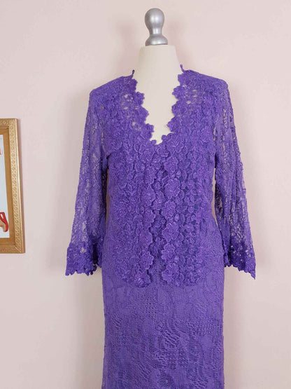 Vintage 1980s Purple Lace Dress Suit Jacket Lilac Cocktail Evening Maxi - Size 14 - 16
