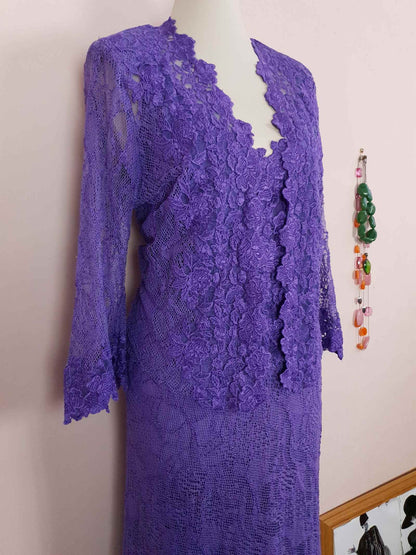 Vintage 1980s Purple Lace Dress Suit Jacket Lilac Cocktail Evening Maxi - Size 14 - 16