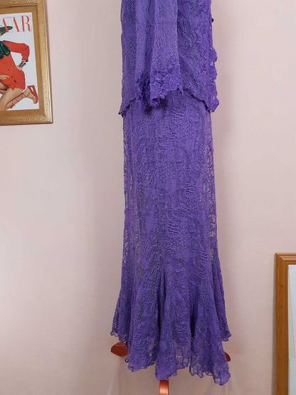 Vintage 1980s Purple Lace Dress Suit Jacket Lilac Cocktail Evening Maxi - Size 14 - 16