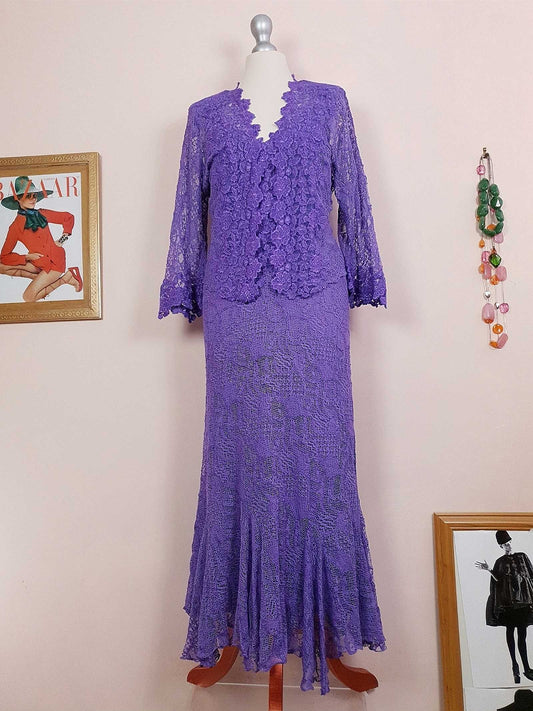Vintage 1980s Purple Lace Dress Suit Jacket Lilac Cocktail Evening Maxi - Size 14 - 16