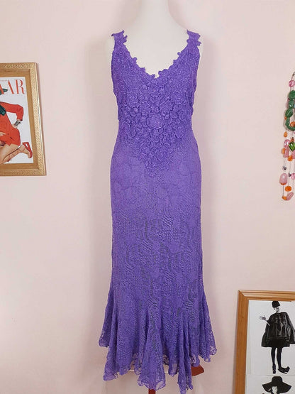 Vintage 1980s Purple Lace Dress Suit Jacket Lilac Cocktail Evening Maxi - Size 14 - 16