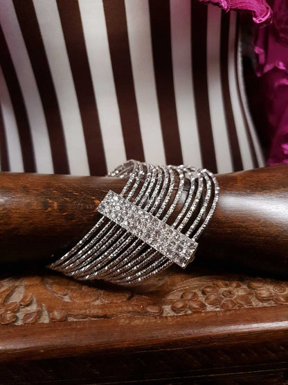 Vintage Rhinestone Cuff Bangle Bracelet Silver Tone Y2K
