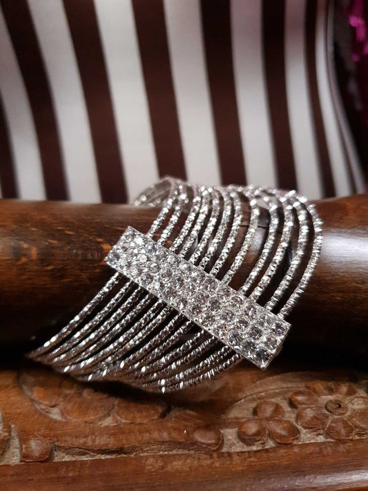 Vintage Rhinestone Cuff Bangle Bracelet Silver Tone Y2K