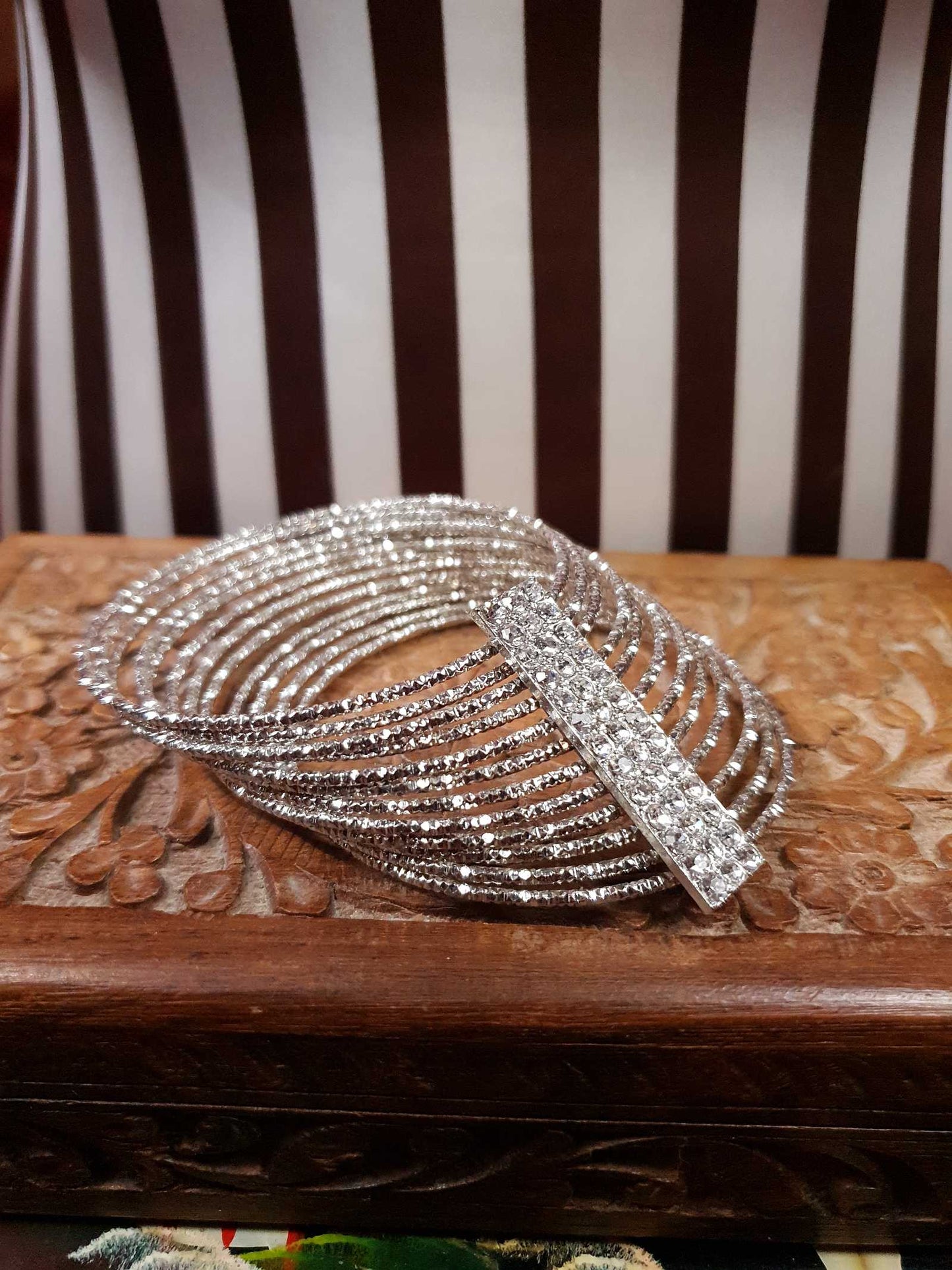 Vintage Rhinestone Cuff Bangle Bracelet Silver Tone Y2K