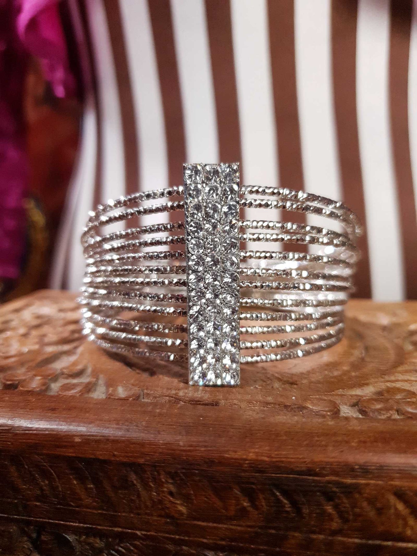Vintage Rhinestone Cuff Bangle Bracelet Silver Tone Y2K