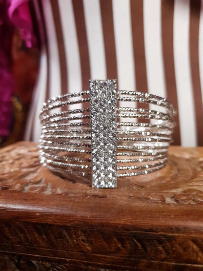 Vintage Rhinestone Cuff Bangle Bracelet Silver Tone Y2K
