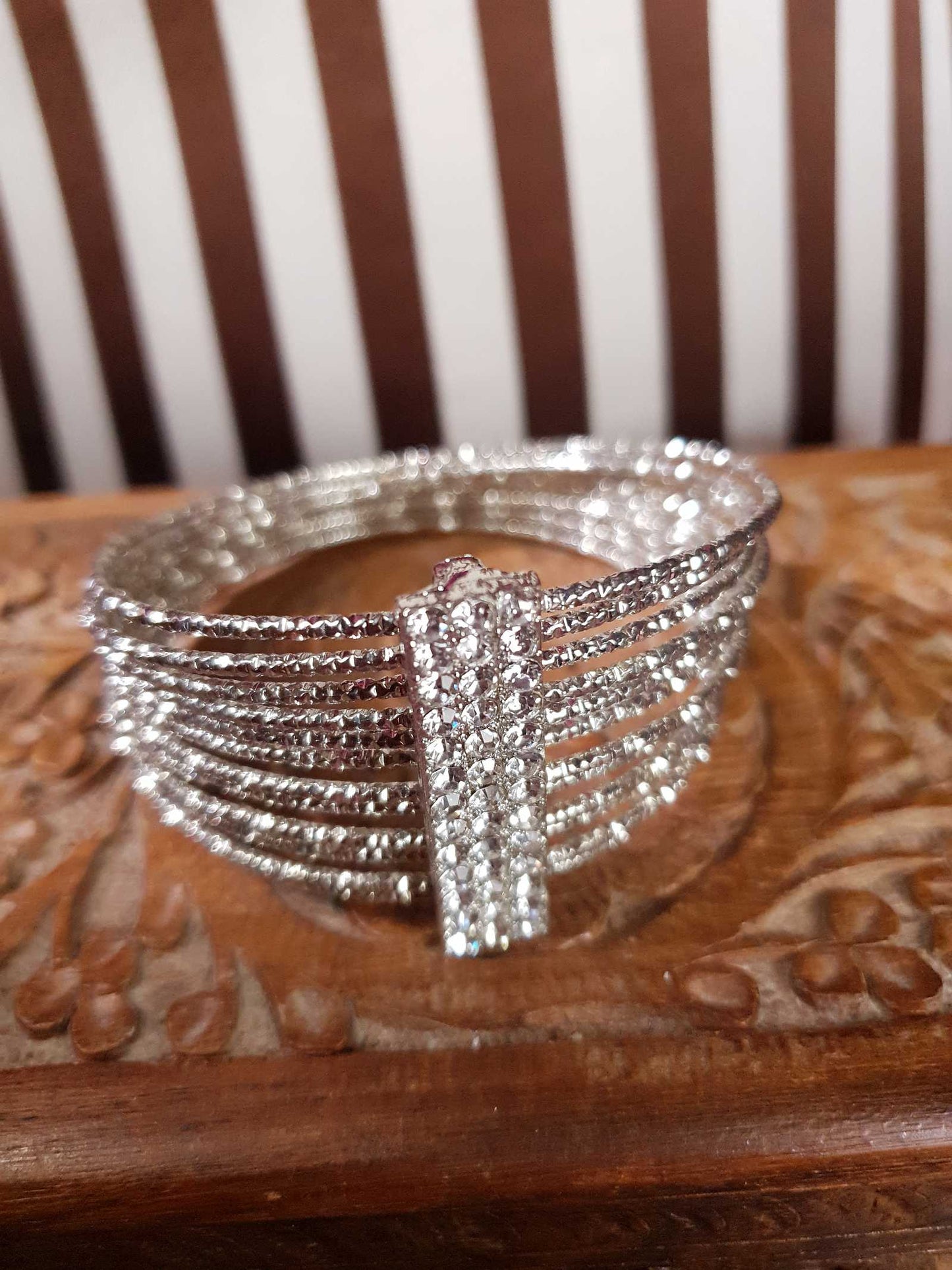 Vintage Rhinestone Cuff Bangle Bracelet Silver Tone Y2K