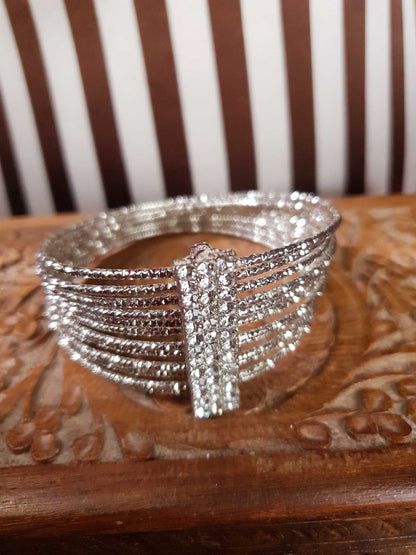 Vintage Rhinestone Cuff Bangle Bracelet Silver Tone Y2K