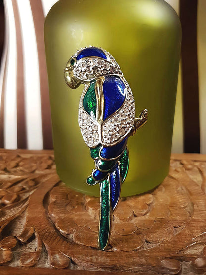 Vintage Parrot Brooch Bird Rhinestone Green Blue Enamel Brass 1980s Large