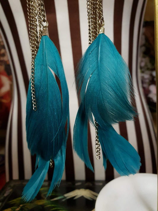 Vintage 1980s Turquoise Feather Earrings Statements Dangle Drop
