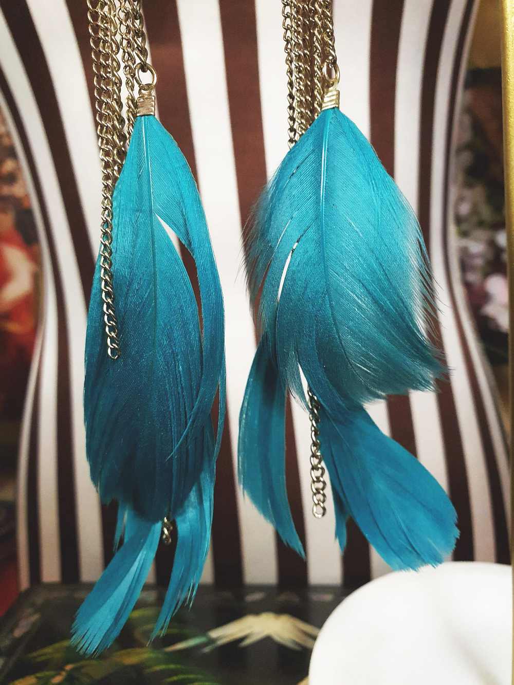 Vintage 1980s Turquoise Blue Feather Earrings Statement Dangle Drop