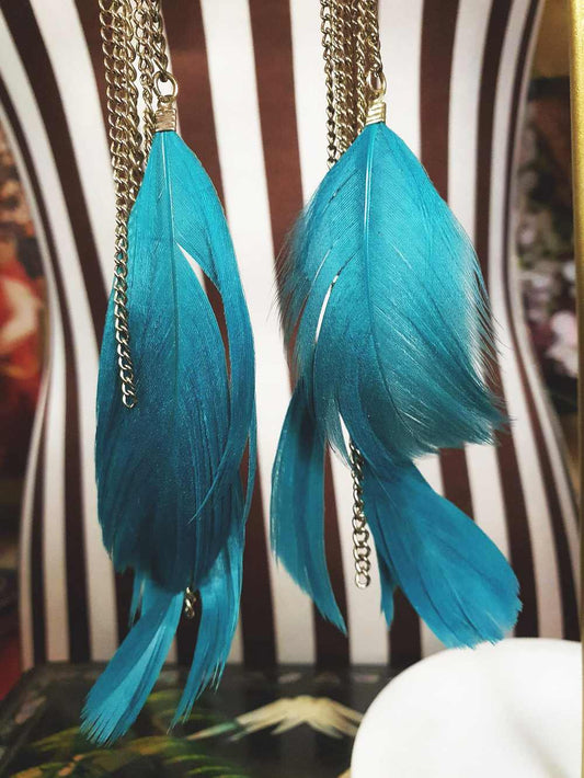Vintage 1980s Turquoise Blue Feather Earrings Statement Dangle Drop